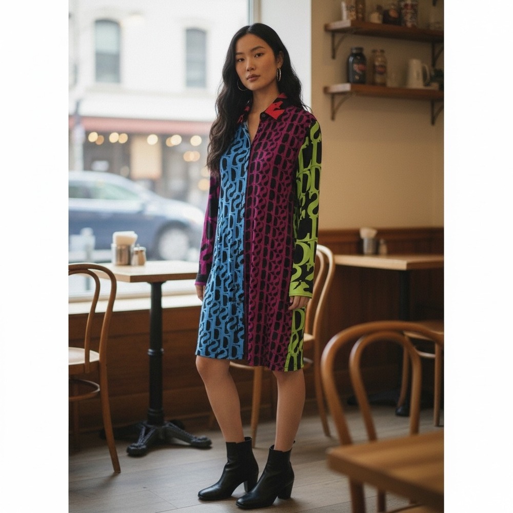 Y2K 90s DESIGUAL Maximalist Shirt Dress Sz M 40 Logo Print Retro Mod Eclectic